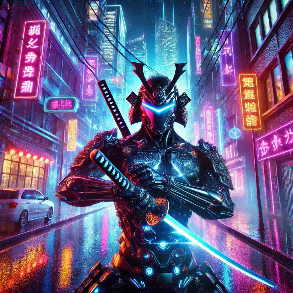 A cybernetic samurai in a vibrant neon-lit metropolis with futuristic skyscrapers and rain-slick streets.