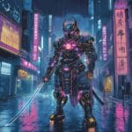 A cybernetic samurai in a neon-lit futuristic city at night, wielding a glowing katana on rain-soaked streets.