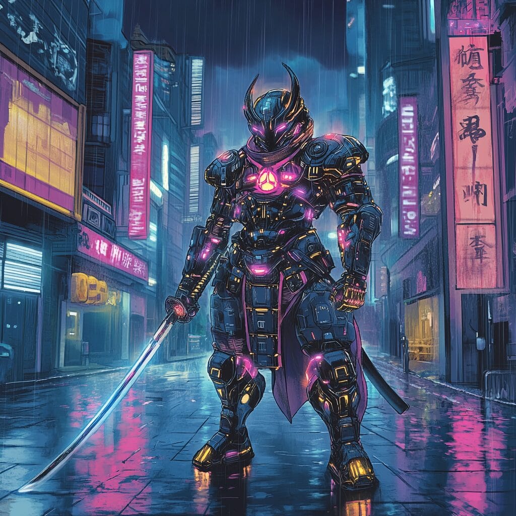 A cybernetic samurai in a neon-lit futuristic city at night, wielding a glowing katana on rain-soaked streets.