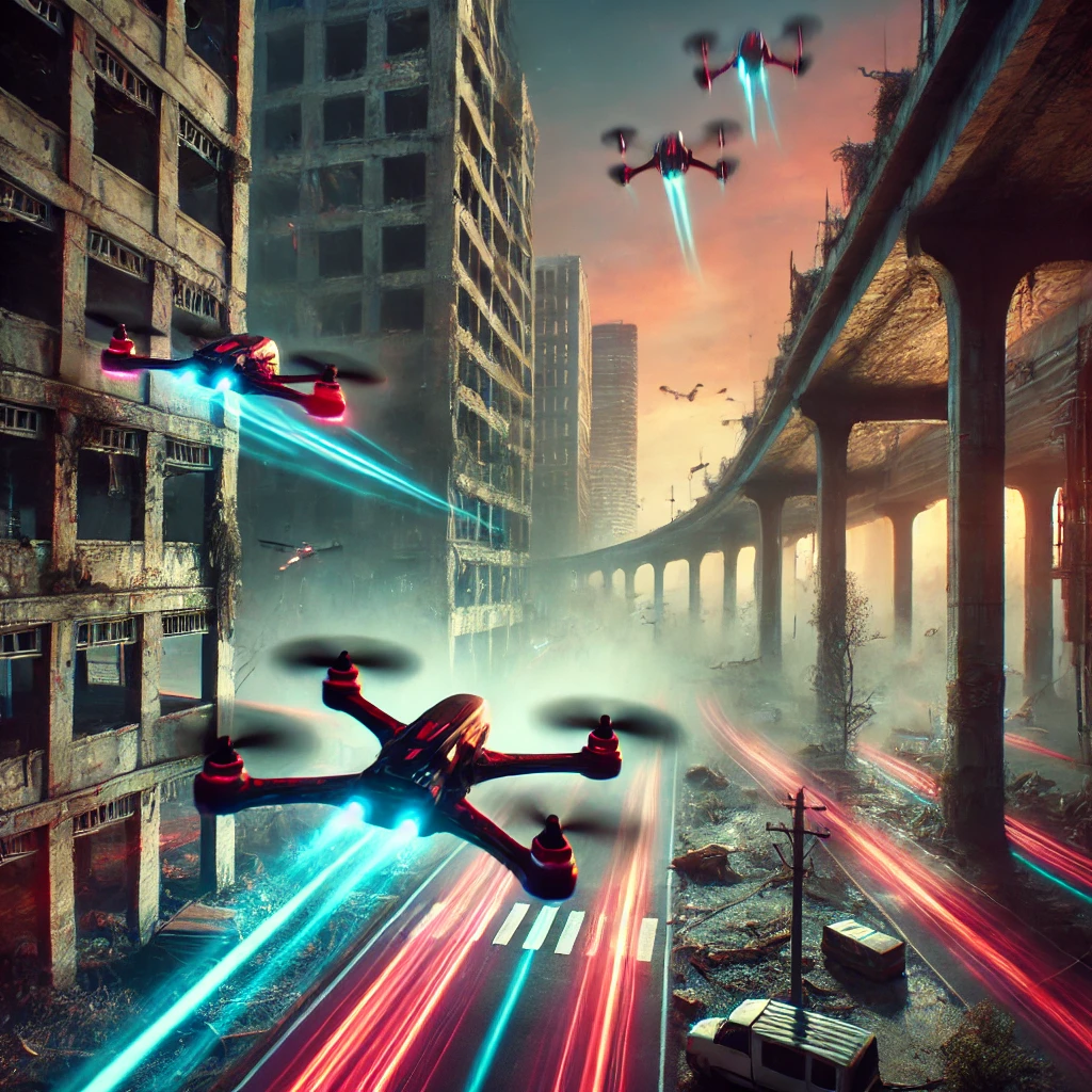 High-speed drones racing through a crumbling city, with neon trails and a dusky reddish glow illuminating the scene.