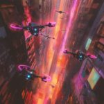 Racing drones flying at high speed through an abandoned city, leaving neon trails among decayed buildings.