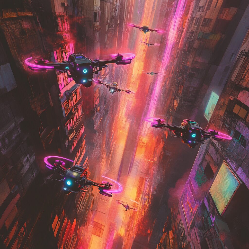 Racing drones flying at high speed through an abandoned city, leaving neon trails among decayed buildings.