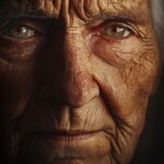 A detailed portrait of an elderly person with deep wrinkles and a wise, warm expression, illuminated by soft natural light against a blurred background.