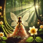 A flower fairy in a mystical forest with glowing plants, translucent wings, and sunlight streaming through the trees.