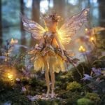 A magical forest scene featuring a delicate flower fairy with glowing wings, surrounded by vibrant flora and sparkling fireflies.