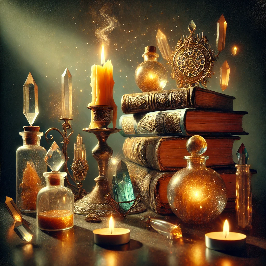 A still life featuring floating books, shimmering crystals, and glowing potions illuminated by a warm candlelight in a dark background.