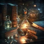 A surreal still life with floating books, crystals, and potions illuminated by a glowing candle in a dark setting.