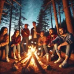 A group of friends sitting around a campfire in a forest, roasting marshmallows under a starry sky, with tall trees creating a cozy ambiance.