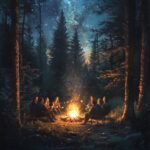 A cozy group of friends around a glowing campfire in a forest, with warm light on their faces, surrounded by trees and a starry night sky.