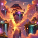 Floating islands with waterfalls and glowing bridges in a surreal landscape under a vibrant orange and purple sky.