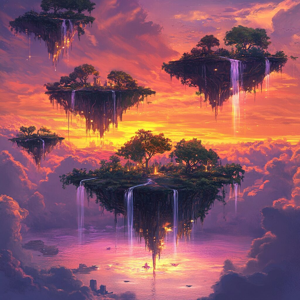 A surreal landscape of floating islands with glowing structures and waterfalls, set against a vibrant orange and purple sky.