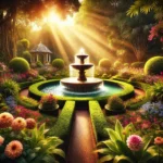 A serene garden with vibrant flowers, a grand fountain, lush green hedges, and sunlight creating a tranquil atmosphere.