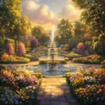 A colorful garden in full bloom with a central fountain, surrounded by vibrant flowers, green hedges, and sunlight filtering through the trees.