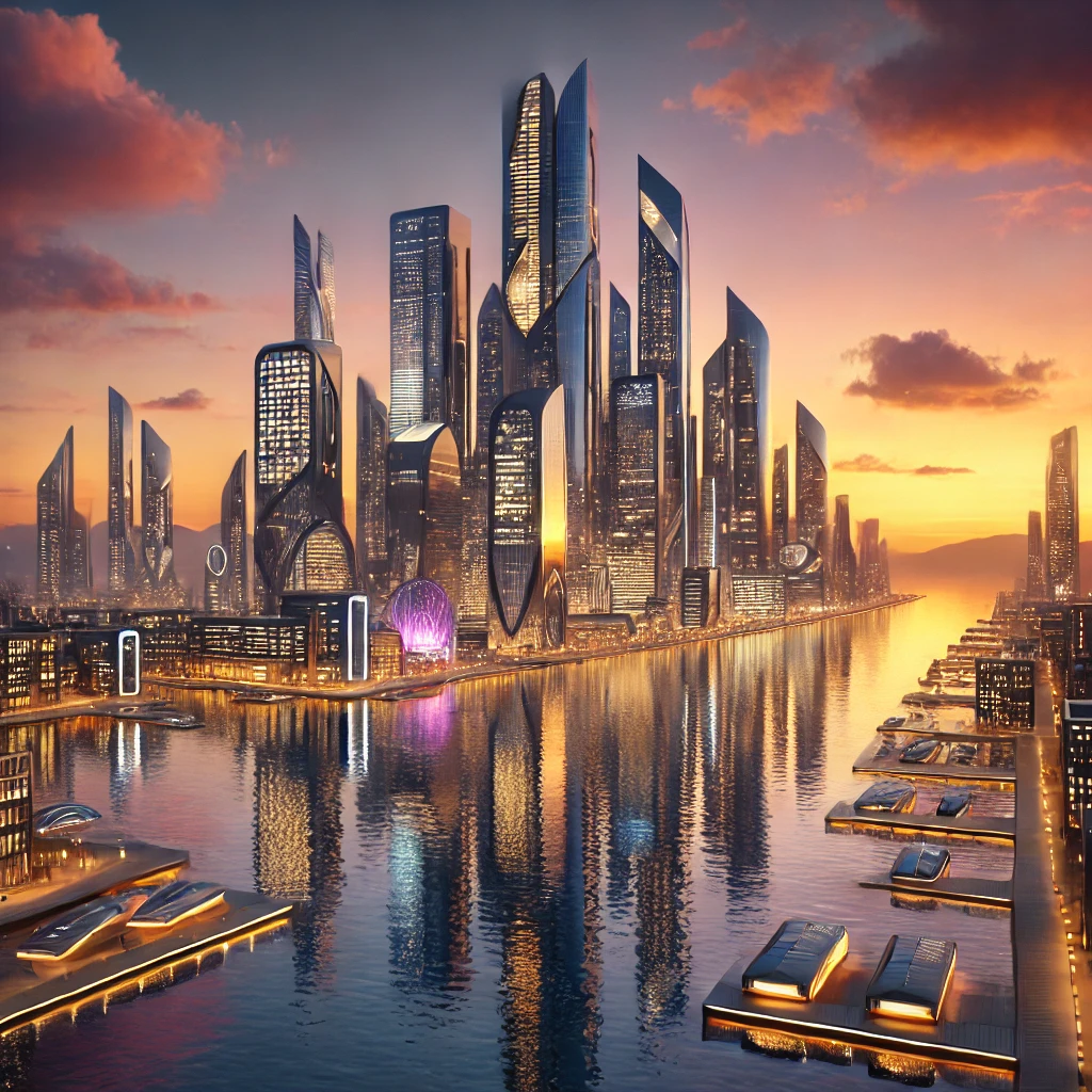 A futuristic water city at sunset with sleek skyscrapers, glowing lights, and waterways reflecting orange and pink sky hues.