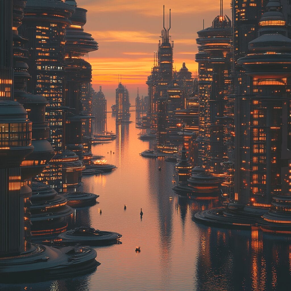 A vibrant futuristic city built on water at sunset, featuring glowing skyscrapers and waterways with modern boats, illuminated by golden and orange light.