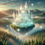 A crystalline floating castle above a lush forest, surrounded by mist and shimmering rainbow light effects.