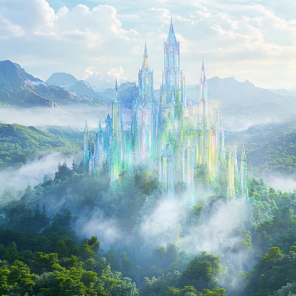 A magical transparent castle floating above a dense forest, with rainbow light reflections and misty surroundings.