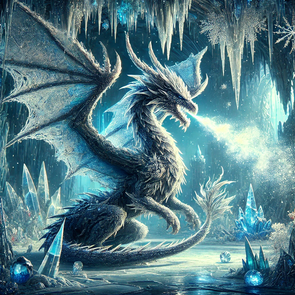 A fantasy dragon in an icy cave, exhaling frosty breath amidst glowing blue light and shimmering crystals.