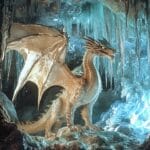 A majestic dragon in an icy cave, surrounded by shimmering icicles and glowing blue light.