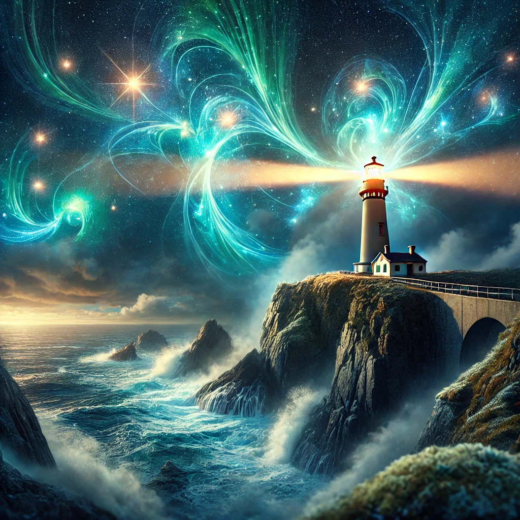 A cliffside lighthouse with glowing magical auras and mists, set under a starry night sky and aurora borealis.