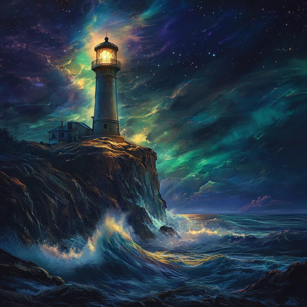 A lighthouse on a cliff surrounded by glowing magical auras, crashing waves, and a starry sky with aurora borealis.