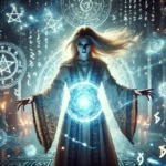 A sorceress summoning a radiant energy orb with magical symbols swirling around in a glowing, mystical setting.