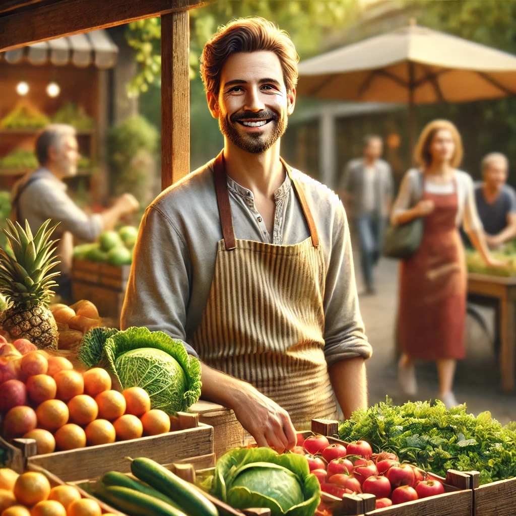 A smiling market vendor at a wooden stall packed with vibrant produce, set against the backdrop of a sunny and bustling market.