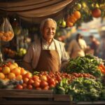 A cheerful market vendor behind a rustic stall filled with colorful fruits and vegetables, set in a lively morning market.