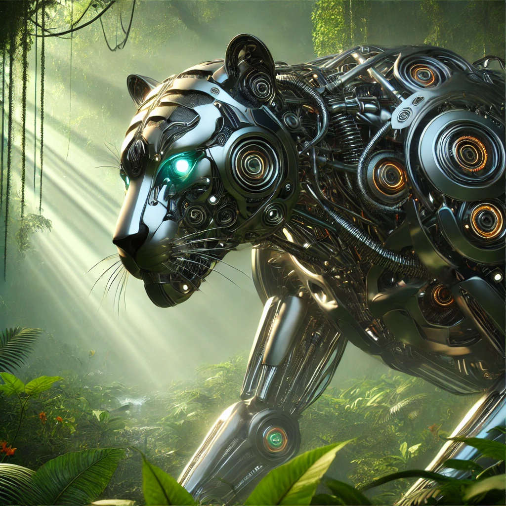 A mechanical tiger in a vibrant jungle, blending futuristic design with natural surroundings and glowing eyes.