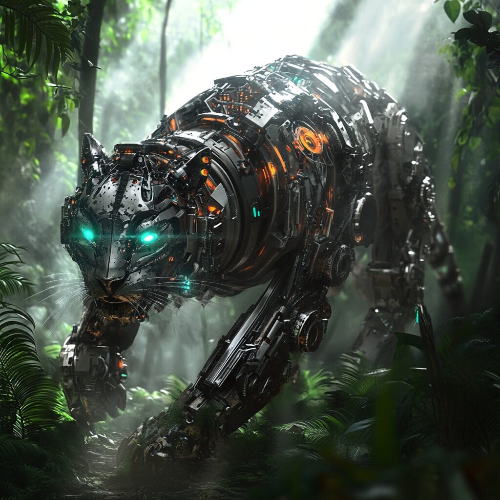 A sleek mechanical tiger with glowing eyes in a lush jungle, surrounded by mist and vibrant foliage.