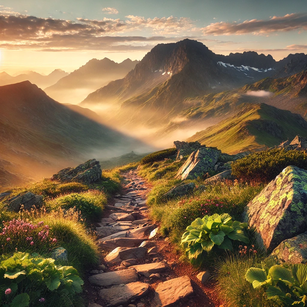 A serene mountain trail at sunrise, showcasing golden-lit peaks, rocky pathways, lush greenery, and misty valleys in a tranquil scene.