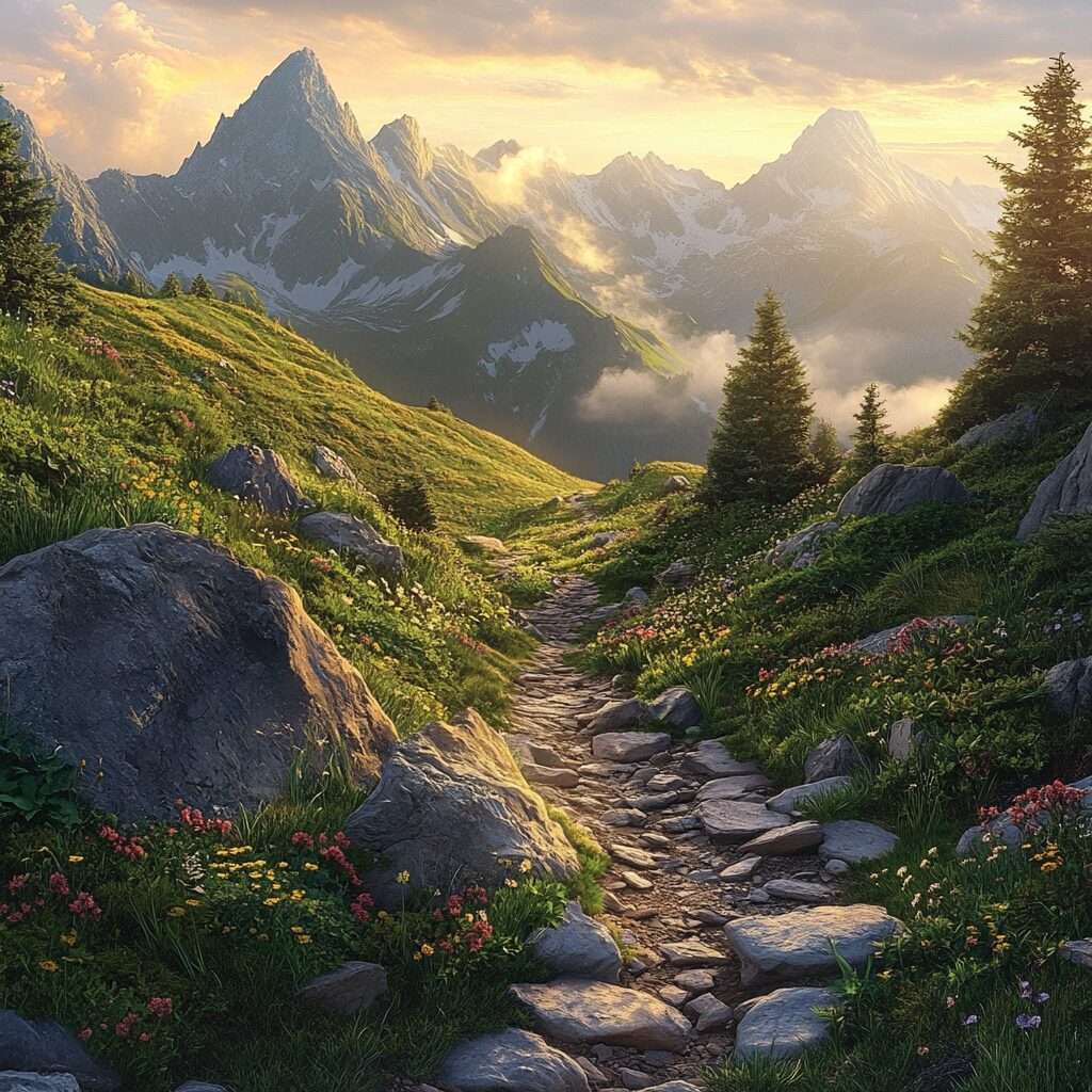 A stunning sunrise view of a mountain trail, surrounded by rocky terrain, greenery, and wildflowers, with golden light and mist rolling through the peaks.