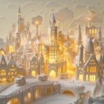 A whimsical city crafted entirely from paper, with origami buildings, paper trees, and lantern-lined streets, illuminated by warm light under a parchment-like sky.