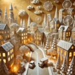 A magical city made entirely of paper, featuring origami-style buildings, paper trees, bridges, and vehicles, illuminated by warm lighting and set under a parchment-textured sky.