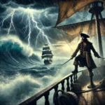 A pirate captain on his ship during a fierce storm, holding the helm as lightning illuminates massive waves and dark clouds.