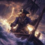 A pirate ship captain steering his vessel through a stormy sea with massive waves, lightning, and torn sails.