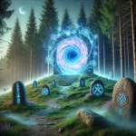 A mystical portal glowing with swirling blue and purple energy, surrounded by rune stones in a moonlit forest.