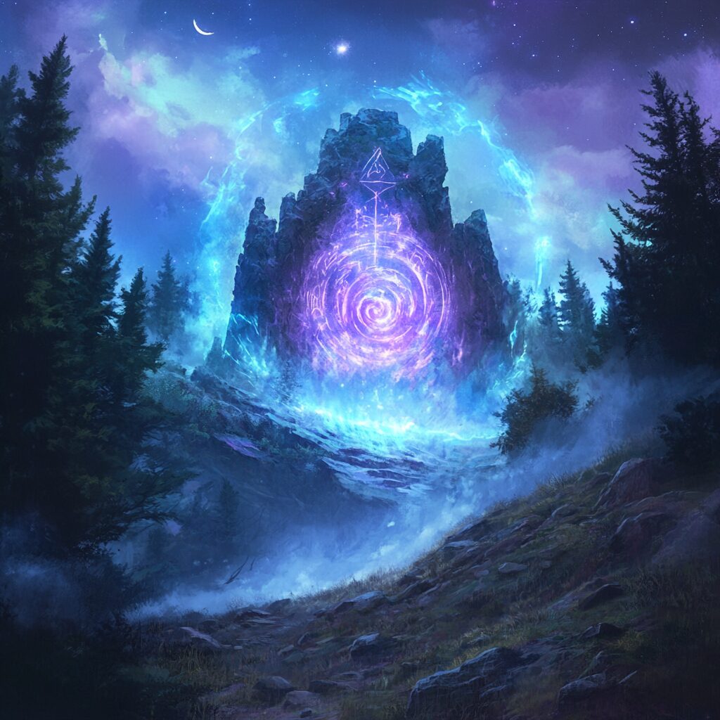 A glowing portal surrounded by rune stones atop a misty forest hill under soft moonlight.