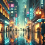 A photorealistic city street scene in the rain, showing reflections of neon signs, people with umbrellas, and a mix of modern and historic architecture.