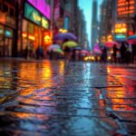 A cinematic depiction of a bustling city street during a rainstorm, with glowing neon signs reflected on wet cobblestones and people carrying colorful umbrellas.