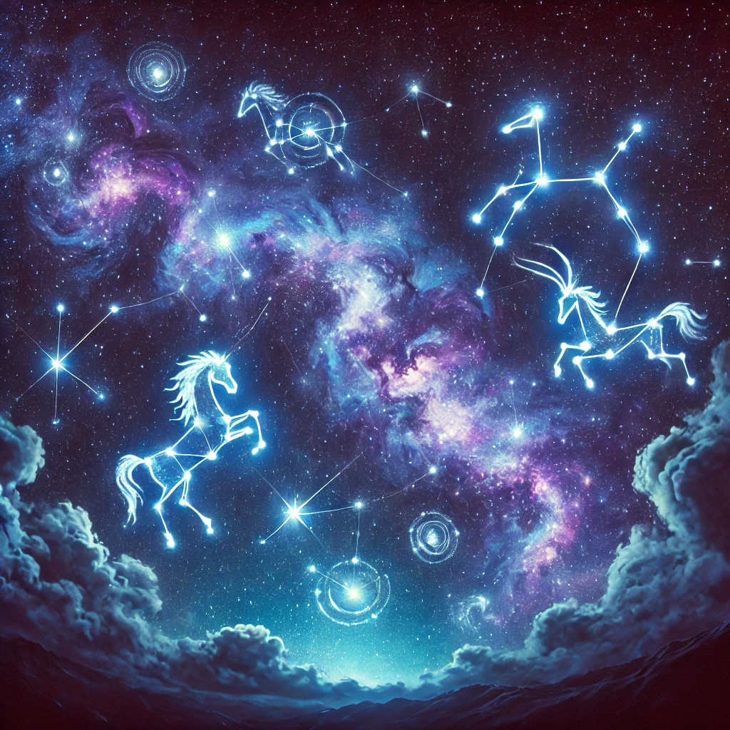 A night sky featuring glowing constellations of mythical creatures and symbols against a vibrant, starry backdrop.