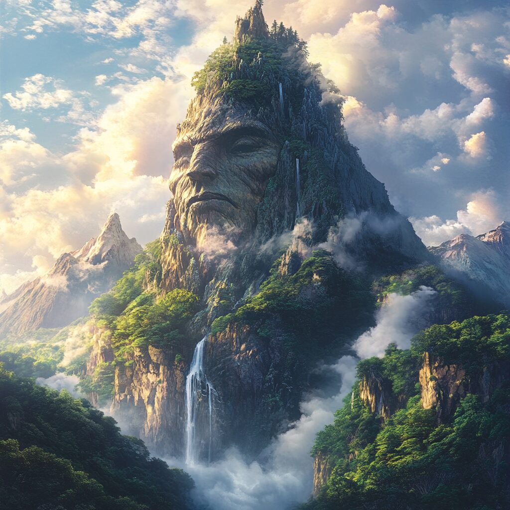 A mountain shaped like a sleeping giant, surrounded by forests, waterfalls, and mist under sunlight breaking through clouds.