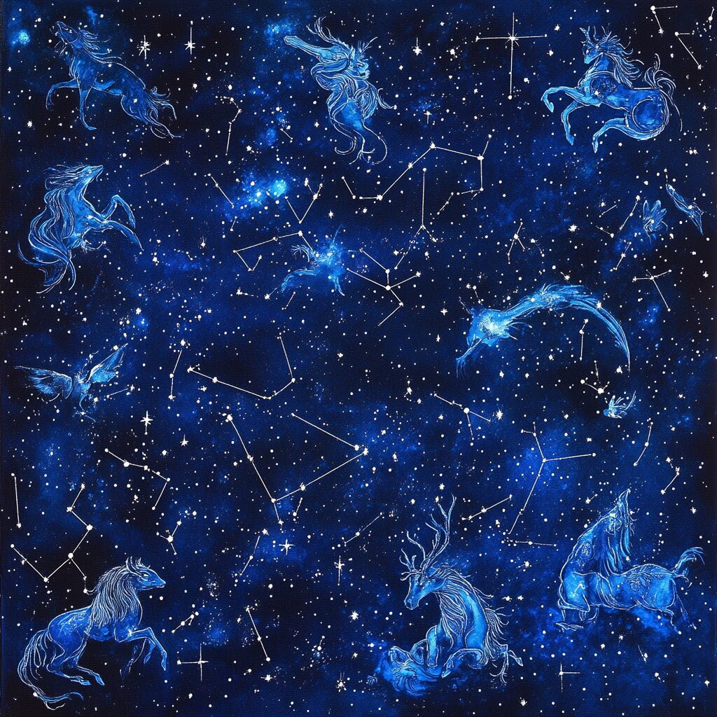 A magical night sky with glowing constellations shaped like mythical creatures, vibrant nebulae, and sparkling stars.