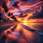 A serene sunset at the beach, with vibrant orange and pink hues in the sky, gentle waves, and light reflecting on wet sand.