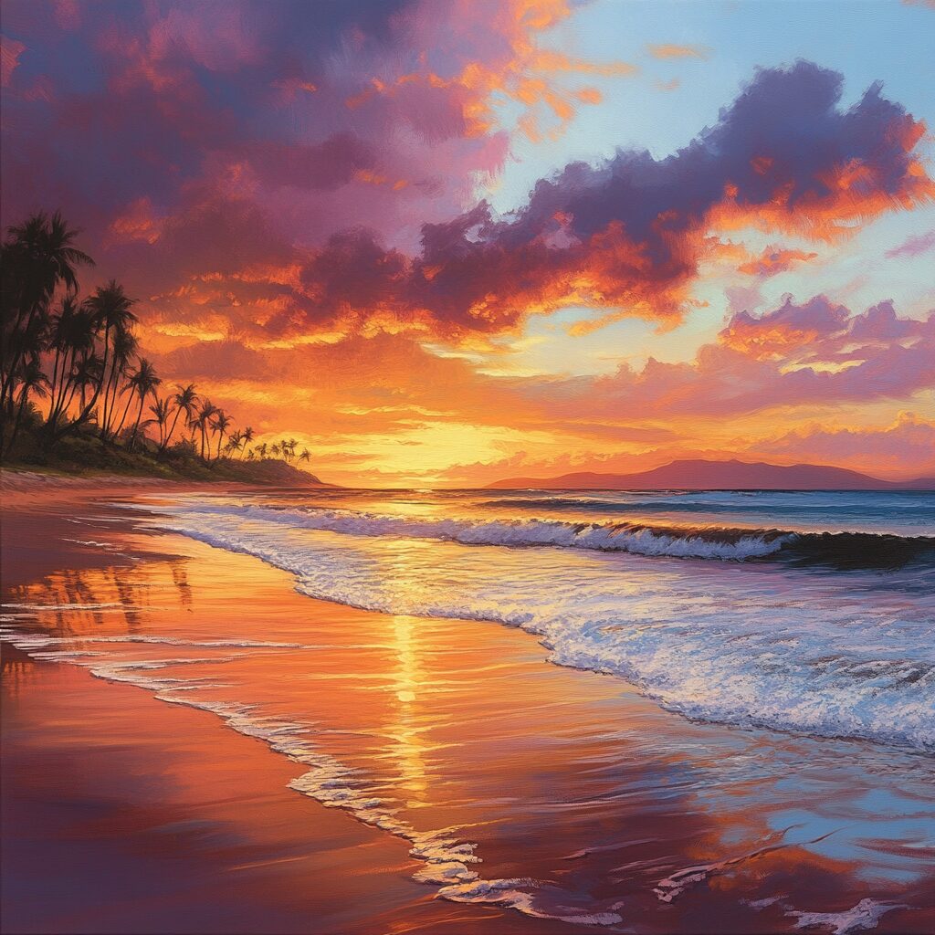 A vivid beach sunset scene, featuring colorful skies, calm waves, and golden reflections on the sand, with distant palm tree silhouettes.