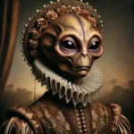 A Renaissance-style portrait of an alien in detailed attire, blending classical art with otherworldly elements.