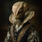 A Renaissance-style portrait of an alien with unique features, wearing luxurious period attire against a soft dark background.