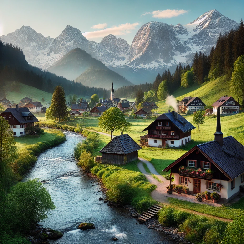 A serene village nestled at the foot of mountains, featuring small cottages, lush greenery, and a winding river, with snow-capped peaks in the background.