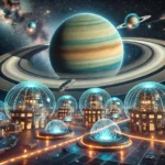 A futuristic space village near Saturn, featuring dome-shaped habitats and glowing pathways with the iconic rings visible.