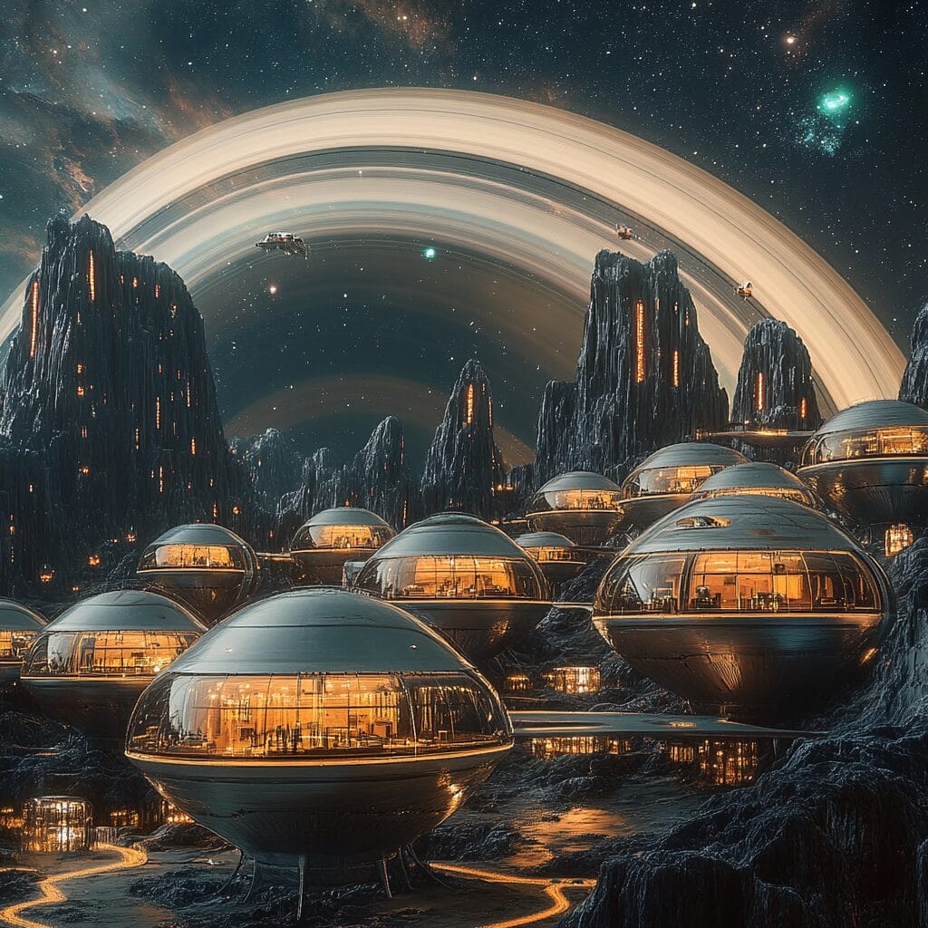 A futuristic village orbiting Saturn with glowing habitats and the planet's rings as a stunning backdrop.